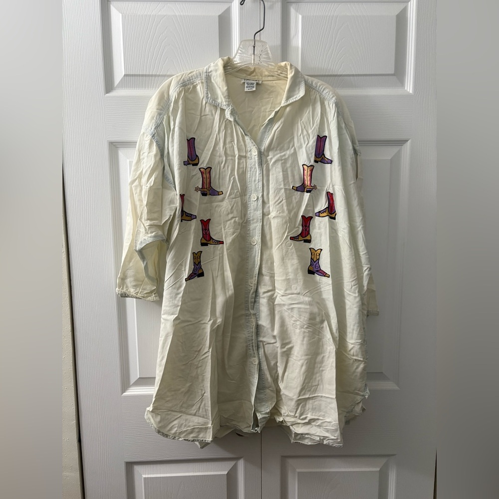 Cream Button-Up Shirt with Colorful Boot Prints Raquel Unger